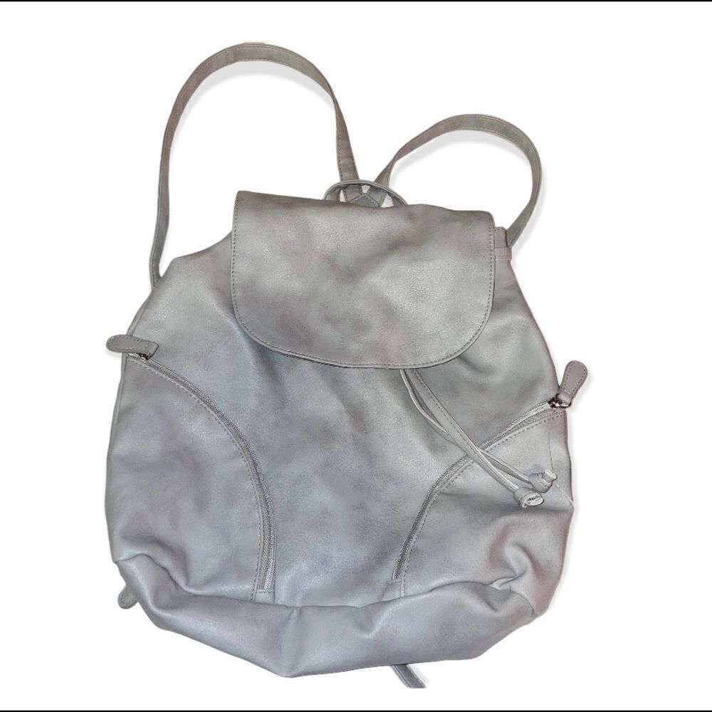 Drawstring Backpack Gray Faux Leather Flap Front Casual Travel Daypack